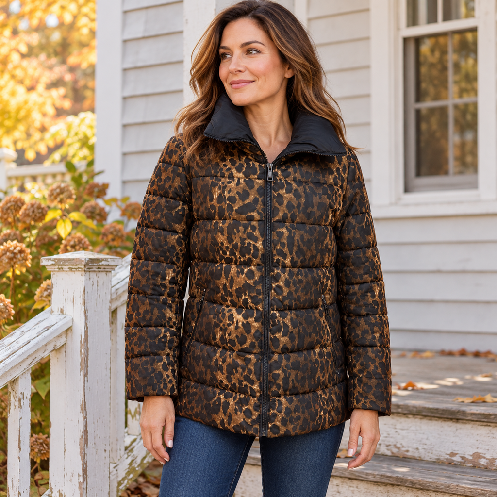 Tahari Leopard Print Quilted Puffer Coat - Medium