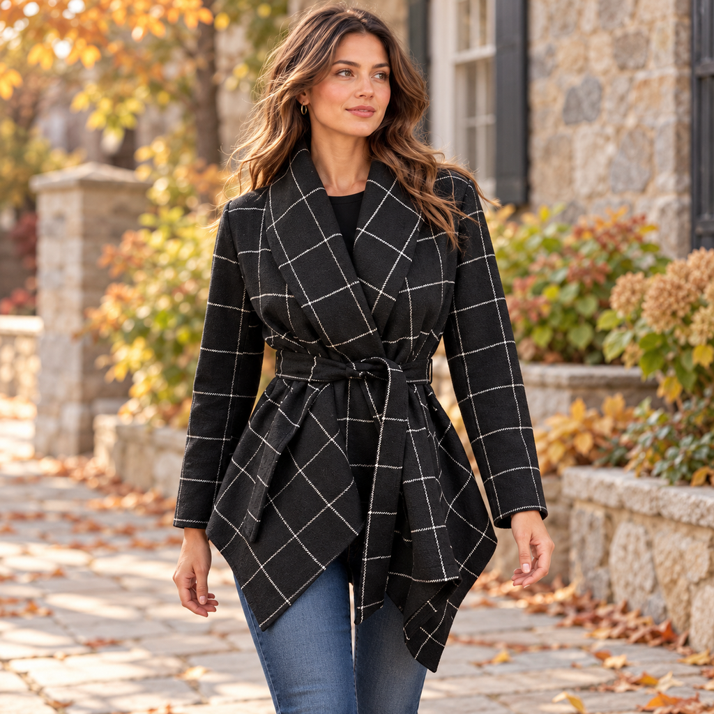 Chicwish Black and Cream Windowpane Belted Coat - Small