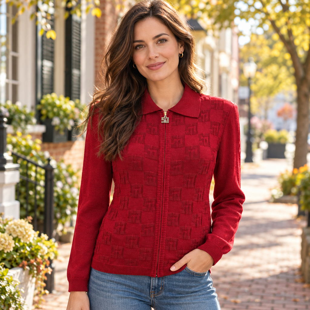 St. John Sport Red Textured Zip-Front Jacket - Large