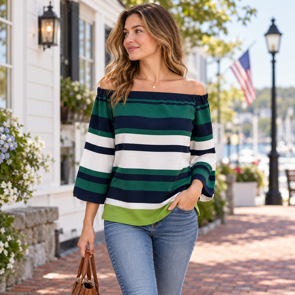 Ann Taylor Green and Navy Striped Off-Shoulder Top - Medium