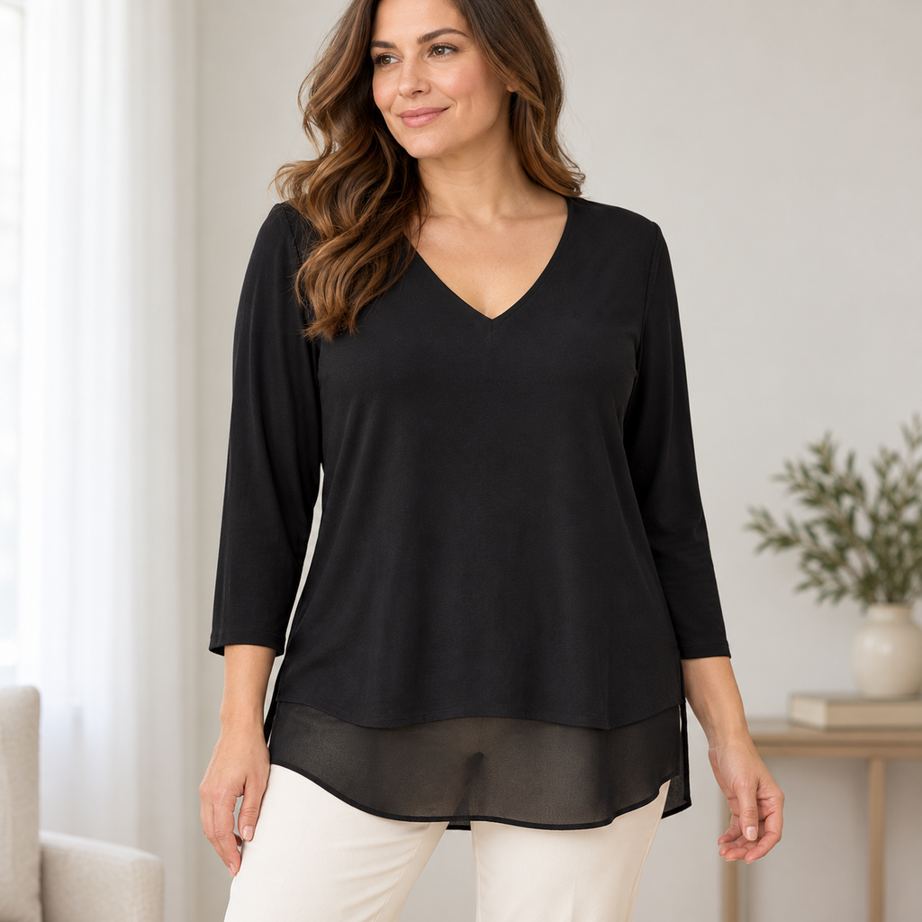 Michael Kors Black V-Neck Layered-Hem Top - Large