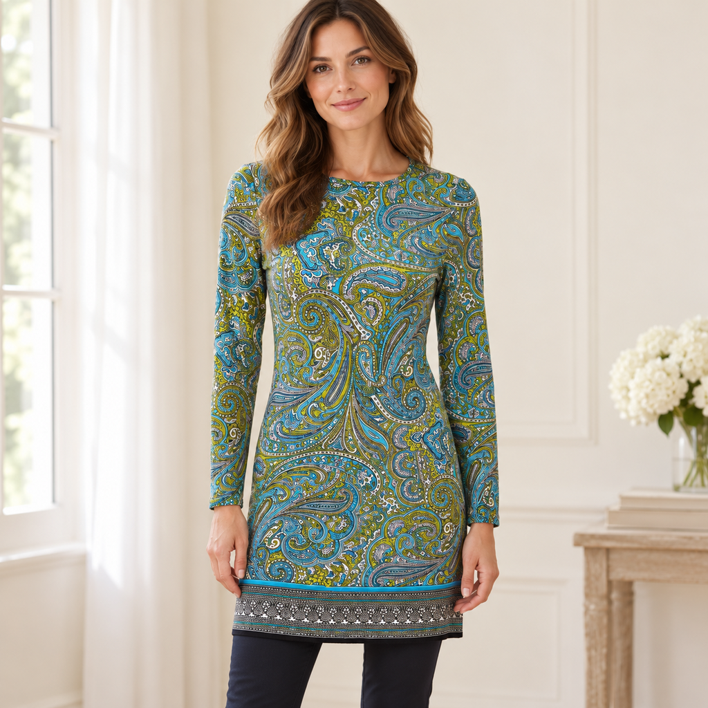 Michael Kors Blue and Green Paisley Long-Sleeve Tunic - XS