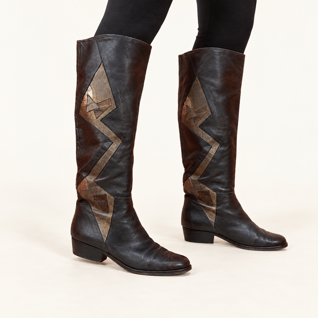Vintage Black Leather Boots with Accent