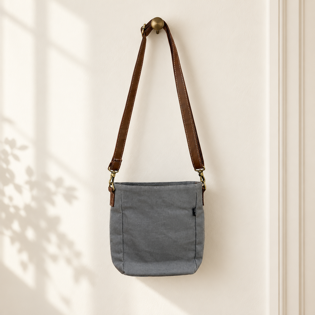 Gray Canvas Crossbody Bag with Brown Strap