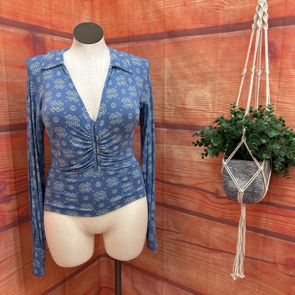 Free People Blue Printed Button-Up Top