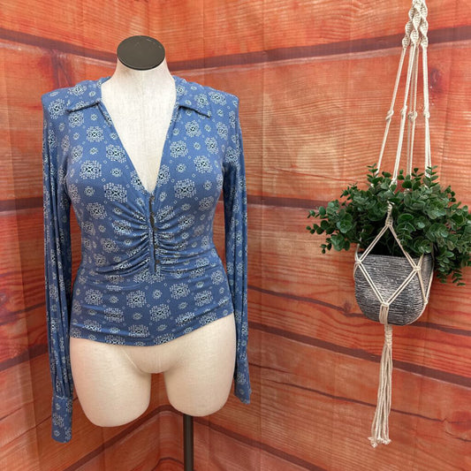 Free People Blue Printed Button-Up Top
