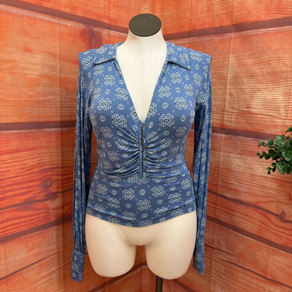 Free People Blue Printed Button-Up Top