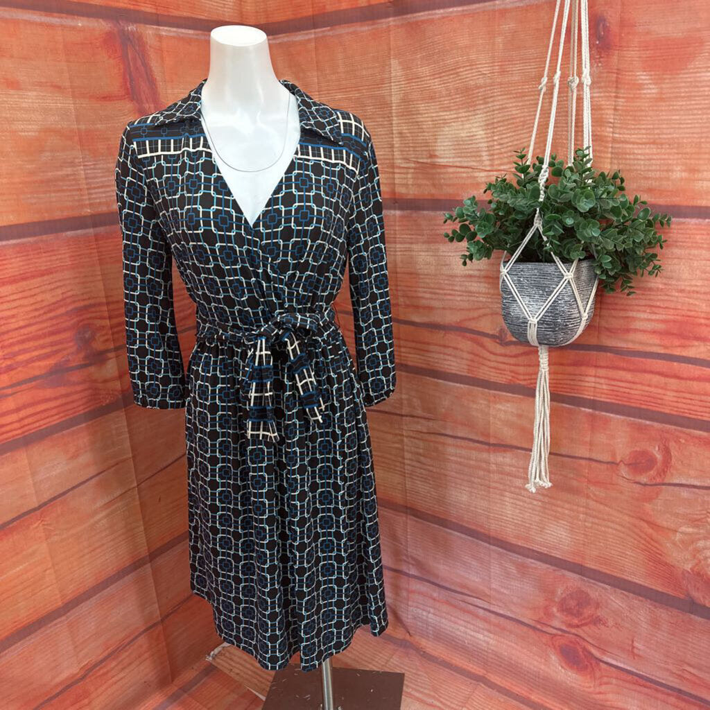 Talbots Women's Black and Blue Patterned Wrap Dress