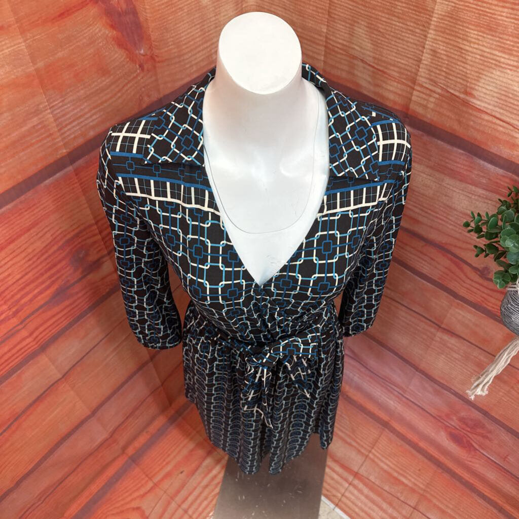 Talbots Women's Black and Blue Patterned Wrap Dress