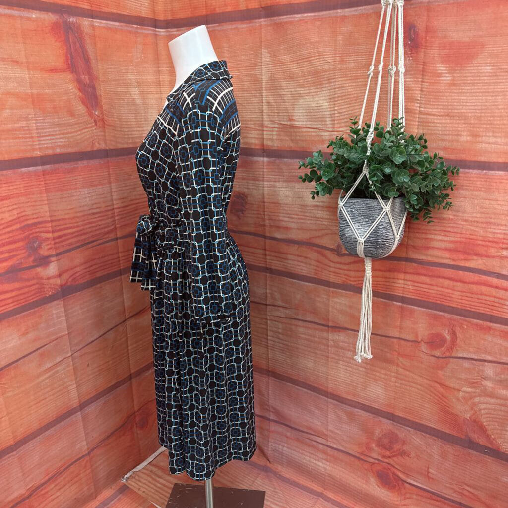 Talbots Women's Black and Blue Patterned Wrap Dress