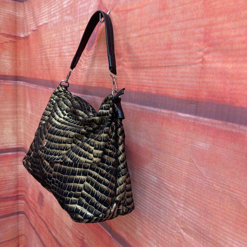 Vintage Black and Gold Crocodile Textured Handbag