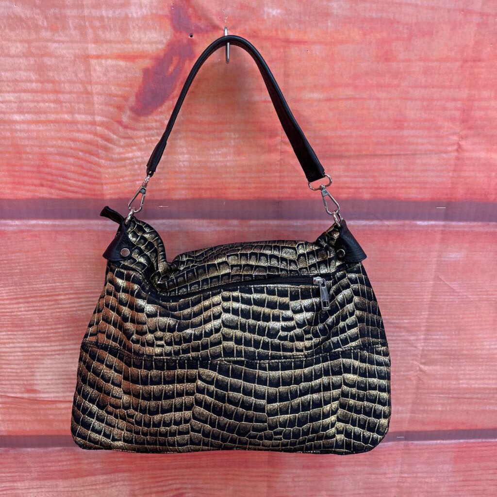 Vintage Black and Gold Crocodile Textured Handbag