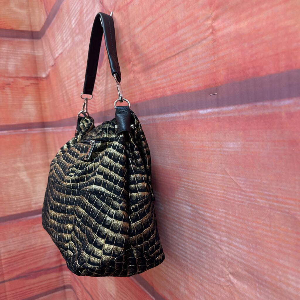 Vintage Black and Gold Crocodile Textured Handbag