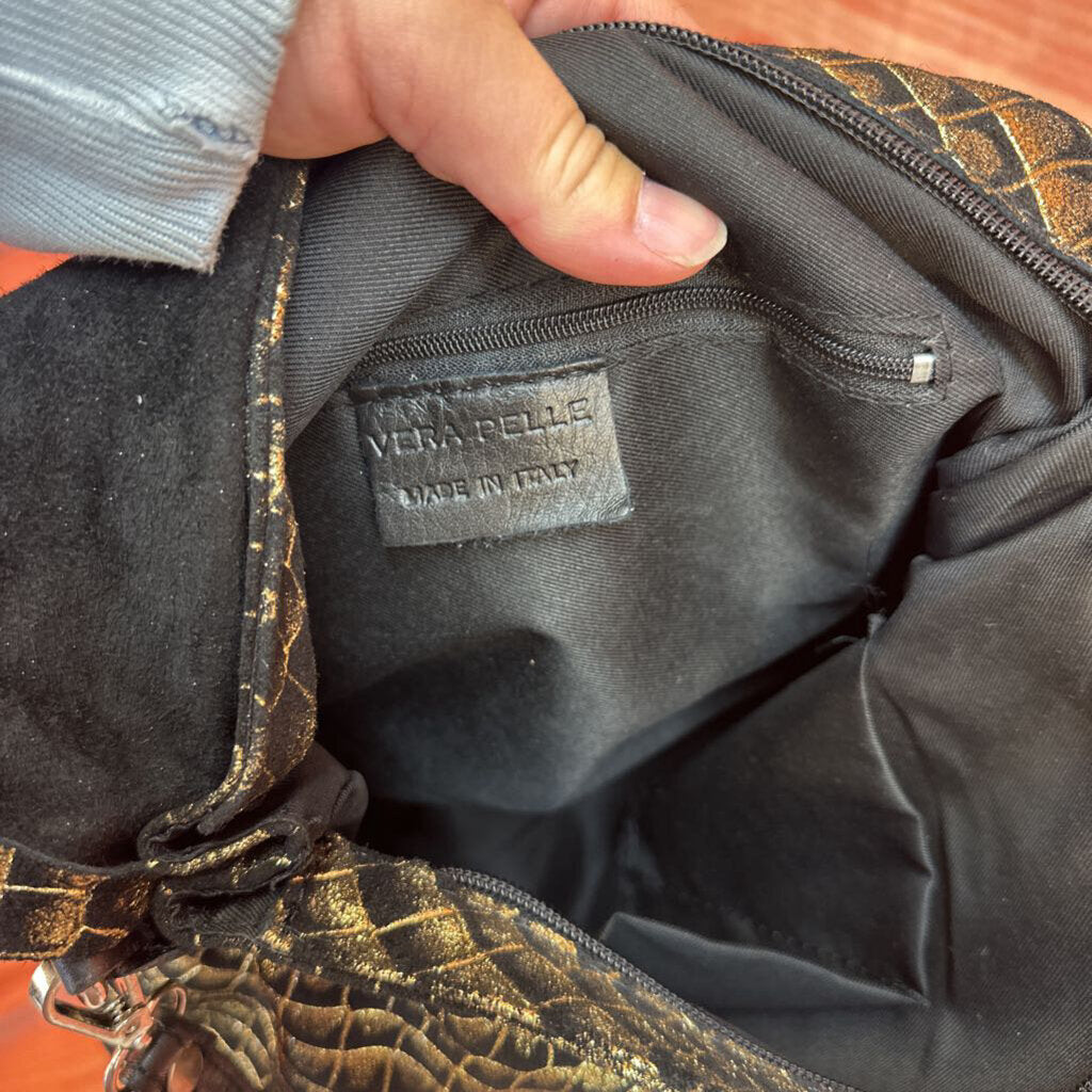 Vintage Black and Gold Crocodile Textured Handbag