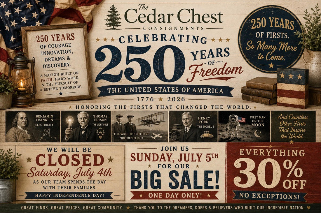 HAPPY 250TH BIRTHDAY, AMERICA! 🇺🇸 WE'RE CLOSED JULY 4TH — BIG SALE JULY 5TH!