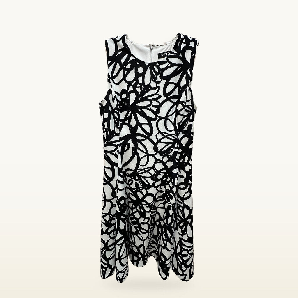 DKNY Fit-and-Flare Dress – Black/White Abstract Print, Size 4
