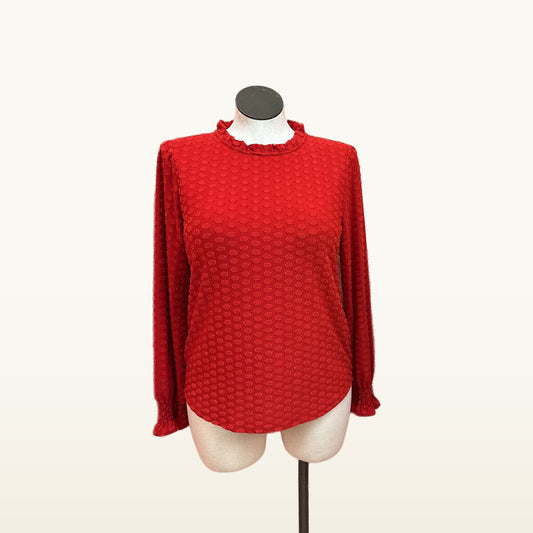 Adrianna Papell Red Dot Jacquard Ruffle-Neck Top - Large