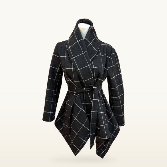 Chicwish Black and Cream Windowpane Belted Coat - Small