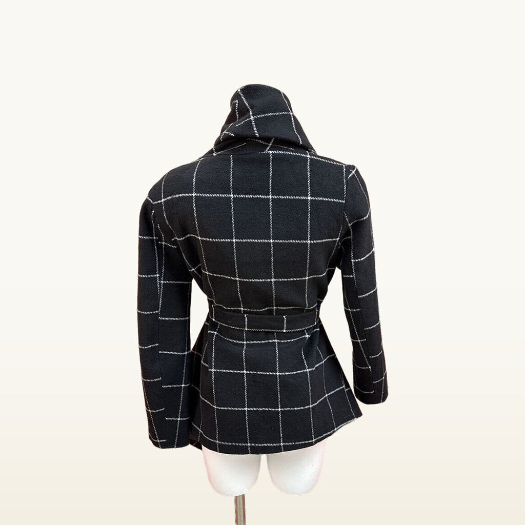 Chicwish Black and Cream Windowpane Belted Coat - Small