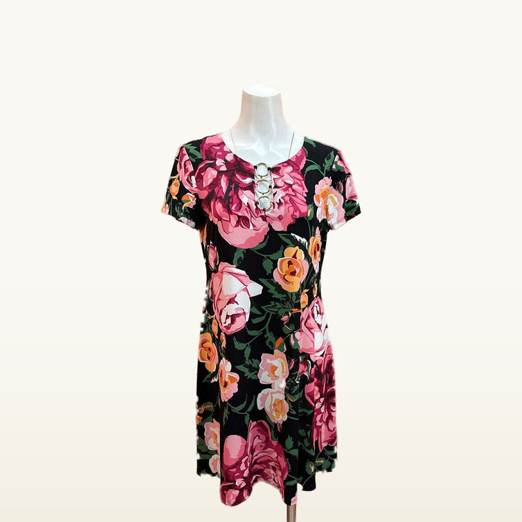 MSK Black Rose Print Ring Detail Dress - Medium