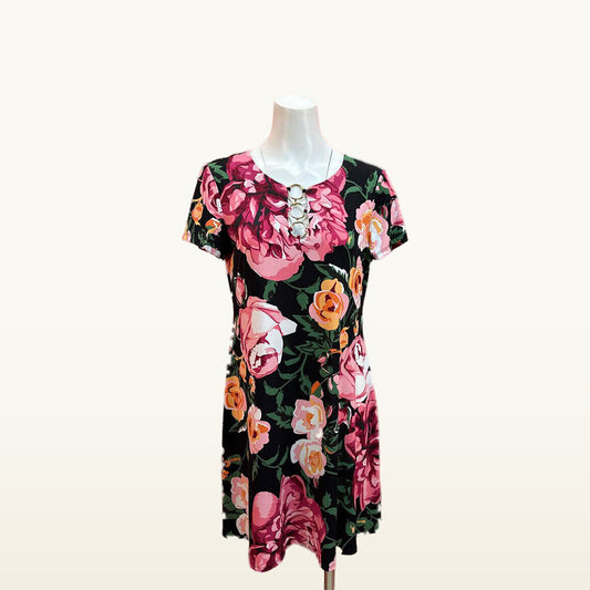 MSK Black Rose Print Ring Detail Dress - Medium