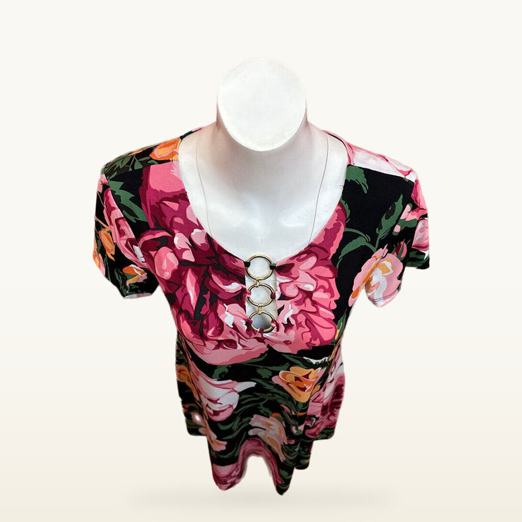 MSK Black Rose Print Ring Detail Dress - Medium