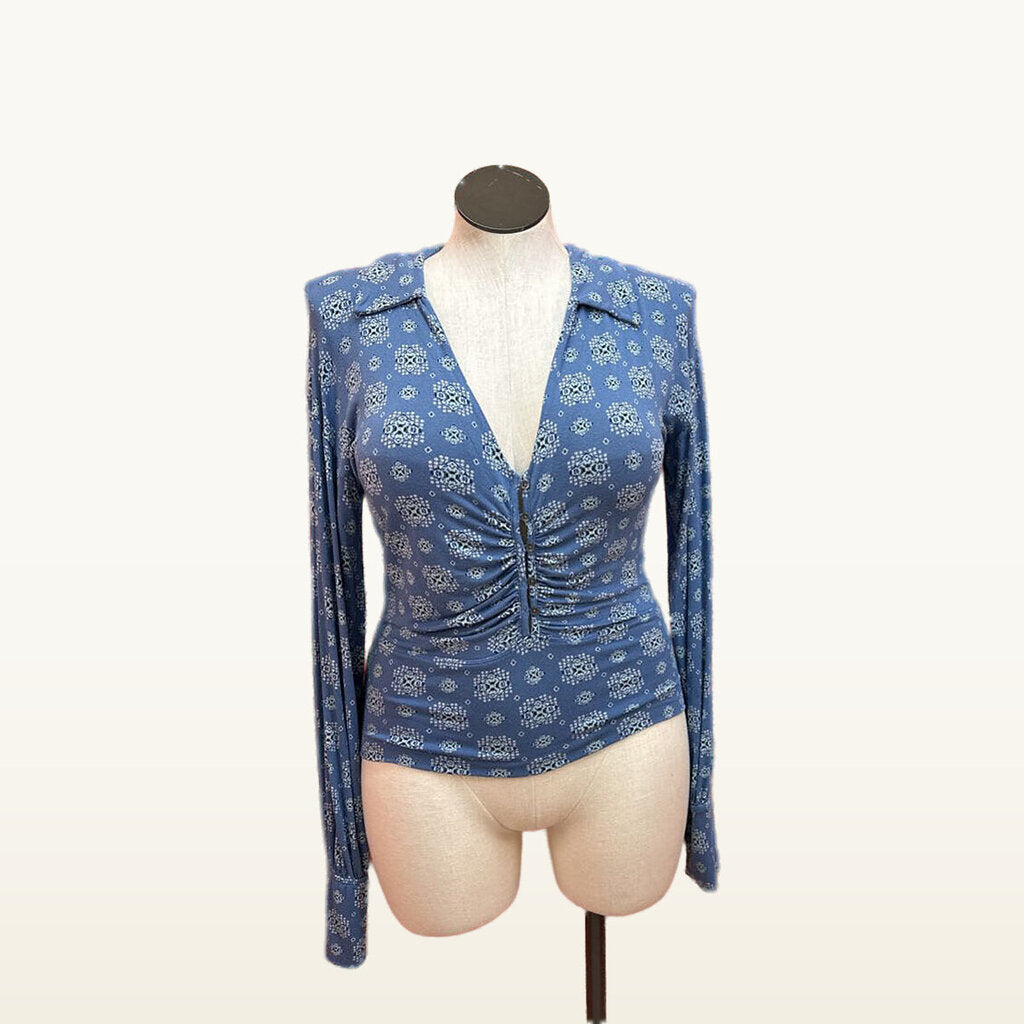 Free People Blue Printed Button-Up Top