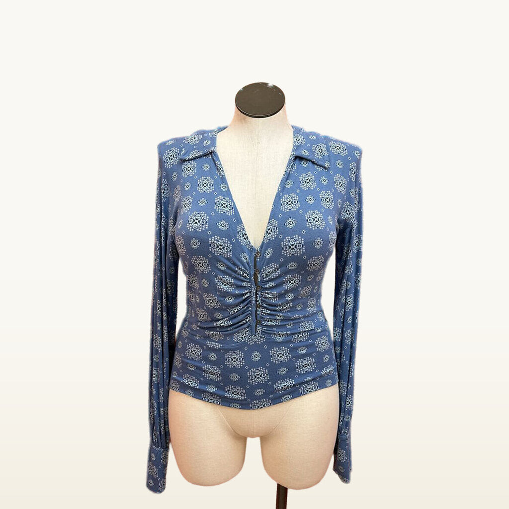 Free People Blue Printed Button-Up Top