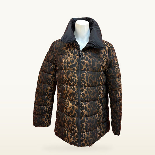 Tahari Leopard Print Quilted Puffer Coat - Medium