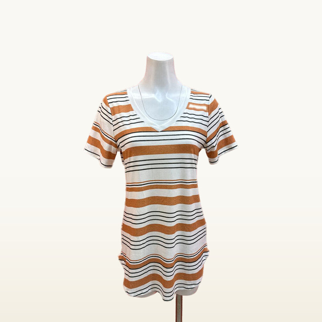 LuLaRoe Iris Orange Black and White Striped V-Neck Top - XS