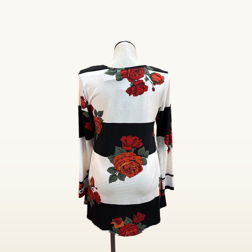 LuLaRoe Elizabeth Black and White Rose Print V-Neck Top - Medium