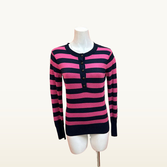 Vineyard Vines Pink and Navy Striped Button-Neck Sweater - Medium