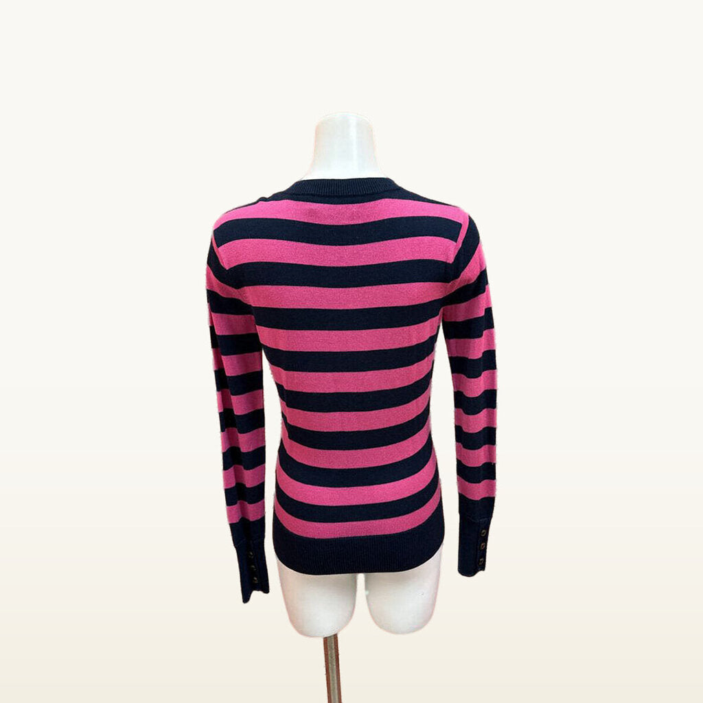 Vineyard Vines Pink and Navy Striped Button-Neck Sweater - Medium
