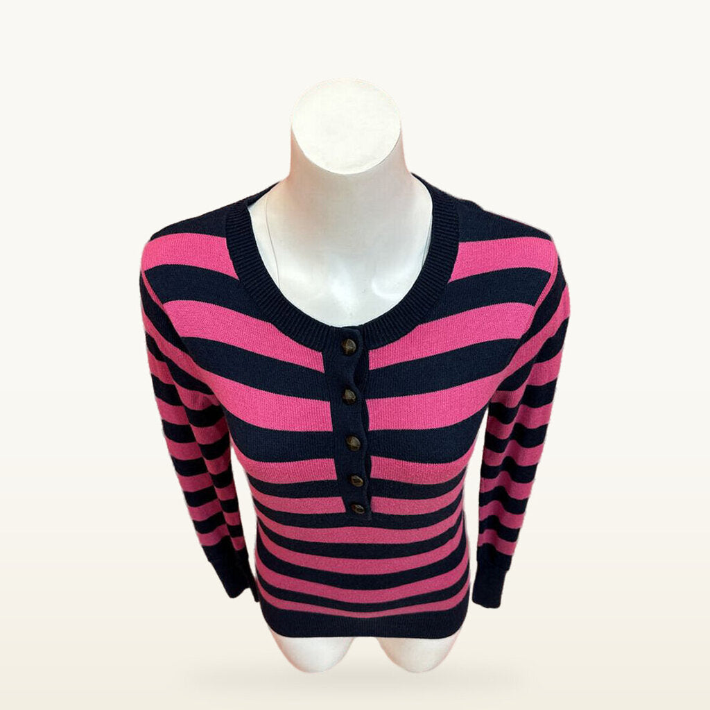 Vineyard Vines Pink and Navy Striped Button-Neck Sweater - Medium
