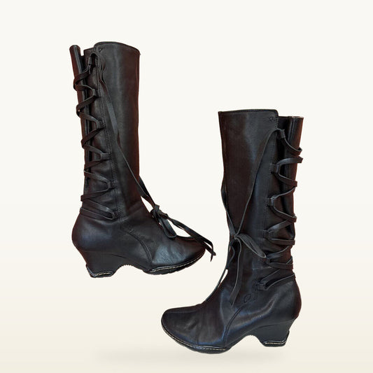 Sofft Black Lace-Up Knee-High Heeled Boots - Size 7