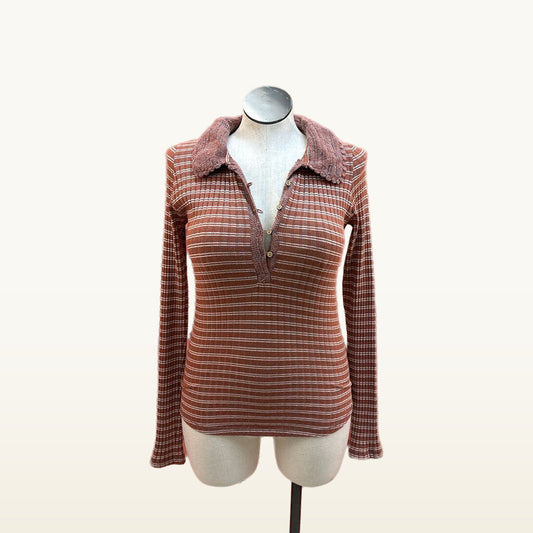 Free People Rust Striped Collared Top - Large