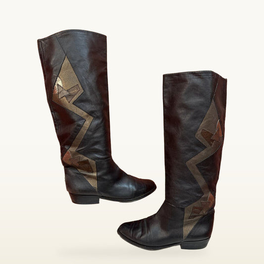 Vintage Black Leather Boots with Accent