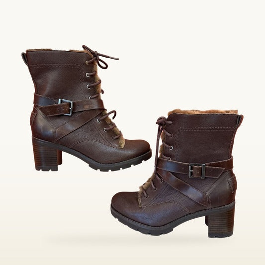 UGG Brown Leather Faux-Fur Lined Heeled Boots - Size 7.5