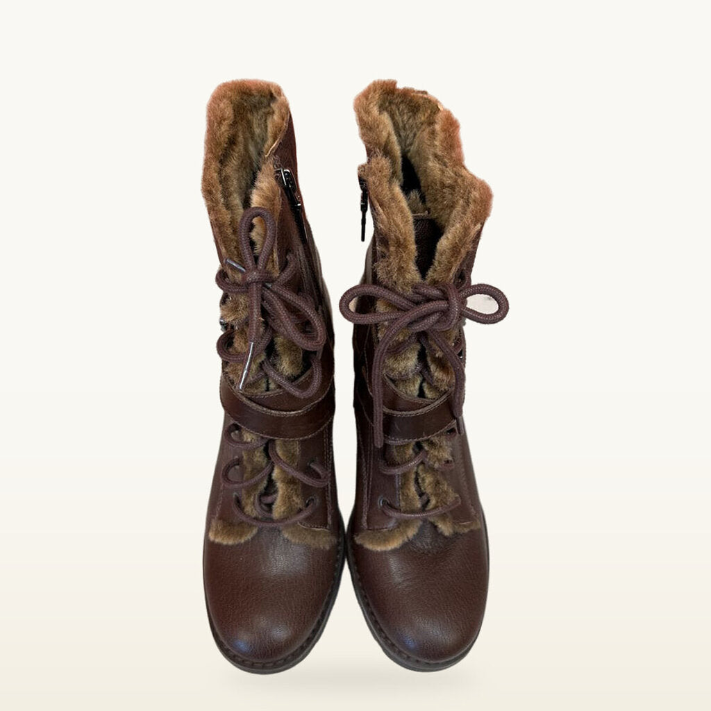 UGG Brown Leather Faux-Fur Lined Heeled Boots - Size 7.5