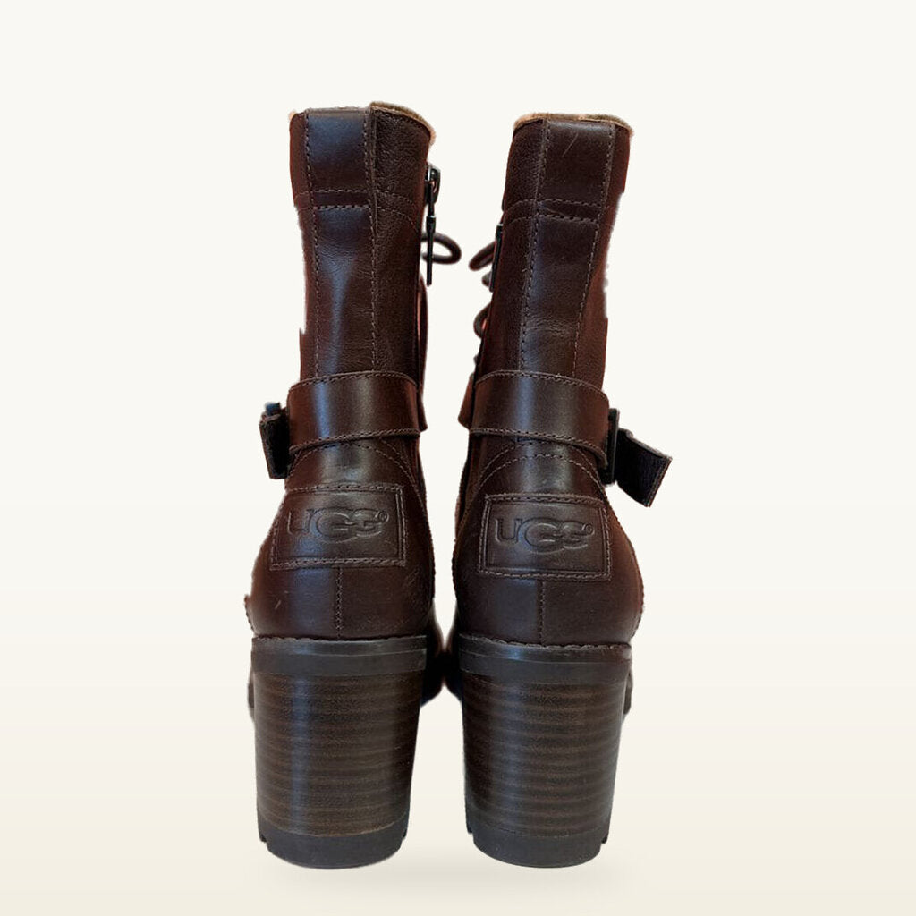 UGG Brown Leather Faux-Fur Lined Heeled Boots - Size 7.5