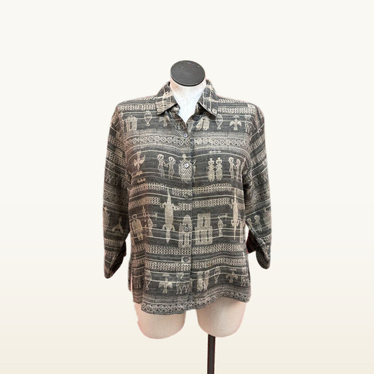 Chico's Charcoal and Tan Patterned Shirt Jacket - Size 2