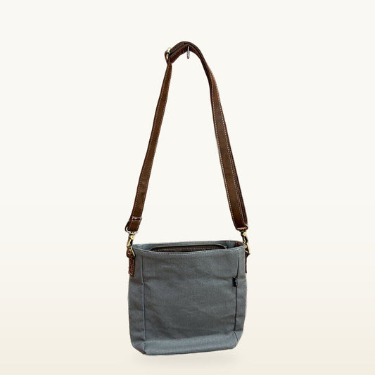 Gray Canvas Crossbody Bag with Brown Strap
