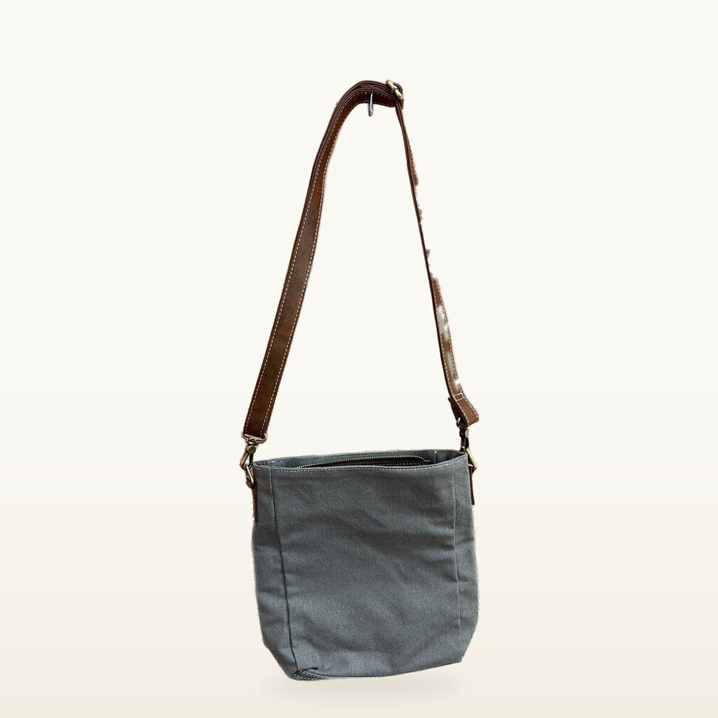 Gray Canvas Crossbody Bag with Brown Strap
