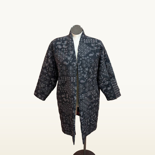 Johnny Was Black and Gray Patterned Open-Front Coat - Large