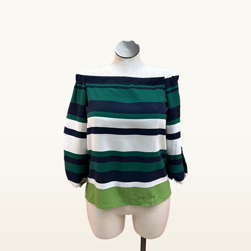 Ann Taylor Green and Navy Striped Off-Shoulder Top - Medium