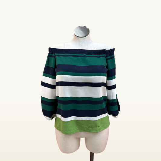 Ann Taylor Green and Navy Striped Off-Shoulder Top - Medium