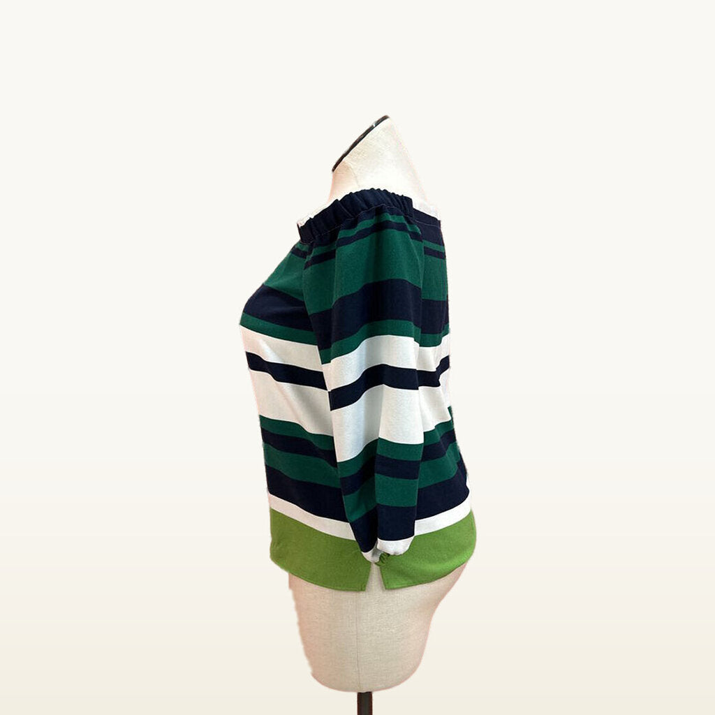 Ann Taylor Green and Navy Striped Off-Shoulder Top - Medium