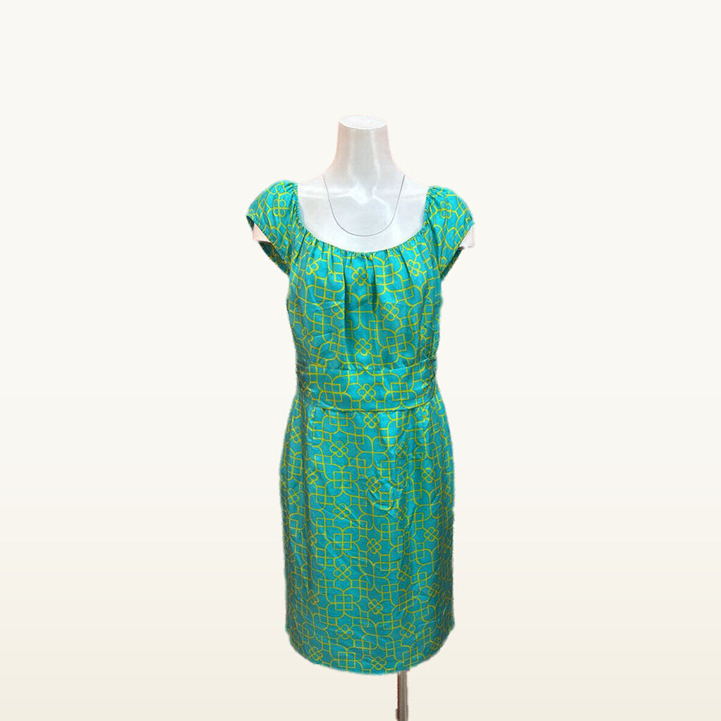 Milly Teal and Yellow Geometric Cap-Sleeve Dress