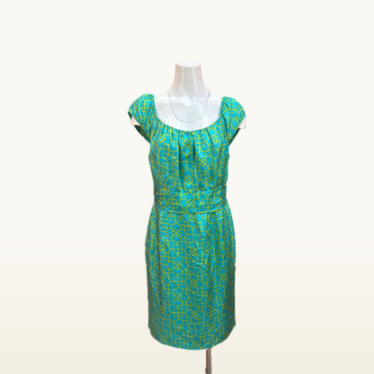 Milly Teal and Yellow Geometric Cap-Sleeve Dress