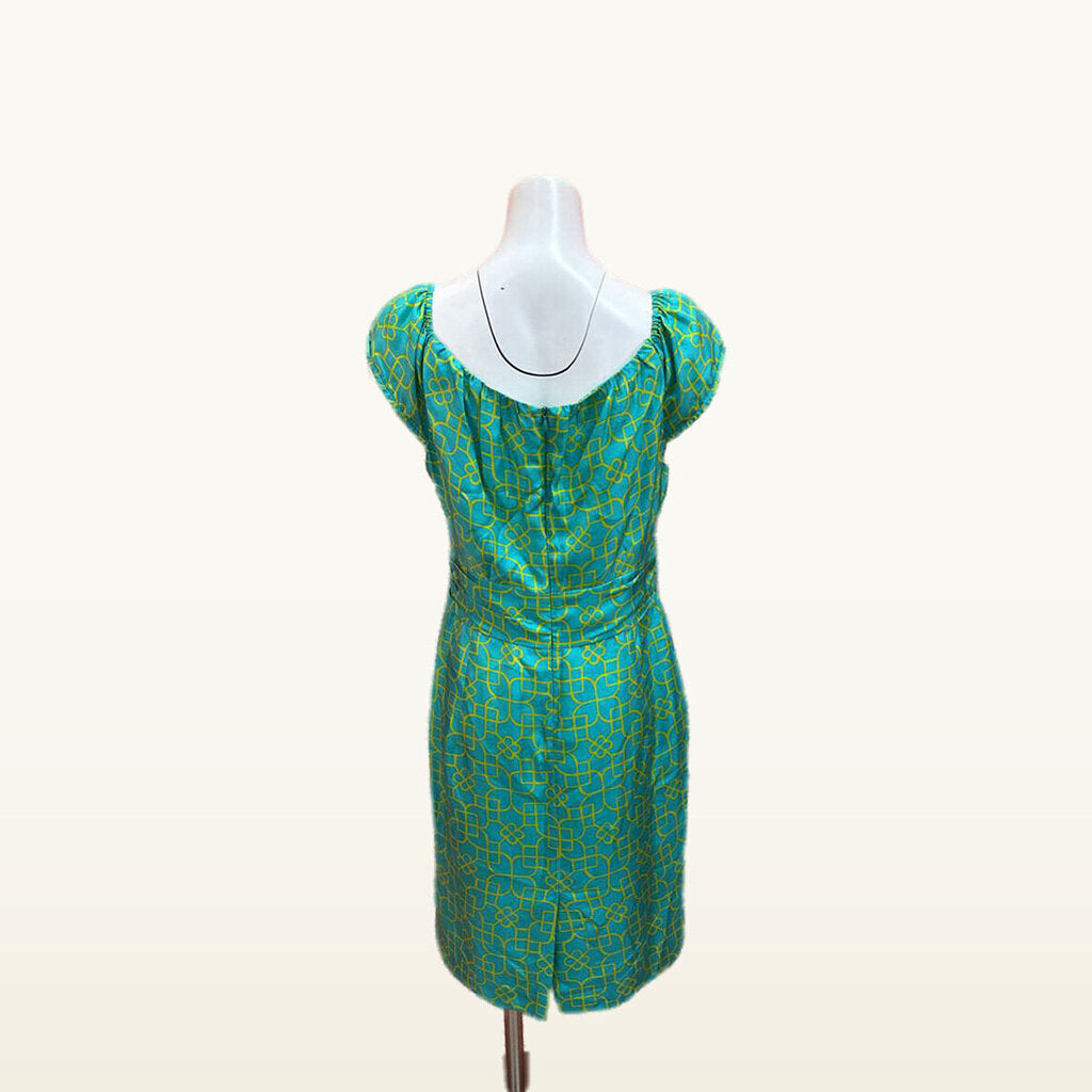 Milly Teal and Yellow Geometric Cap-Sleeve Dress
